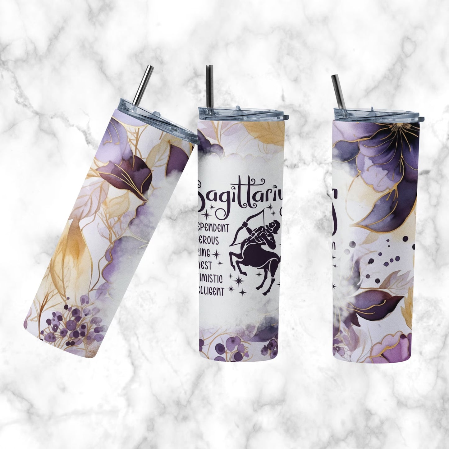 Zodiac Tumblers, Purple and Old Gold Color 20 so Stainless Steel Tumblers, Hot or Cold. Coffee, Tea or Water.