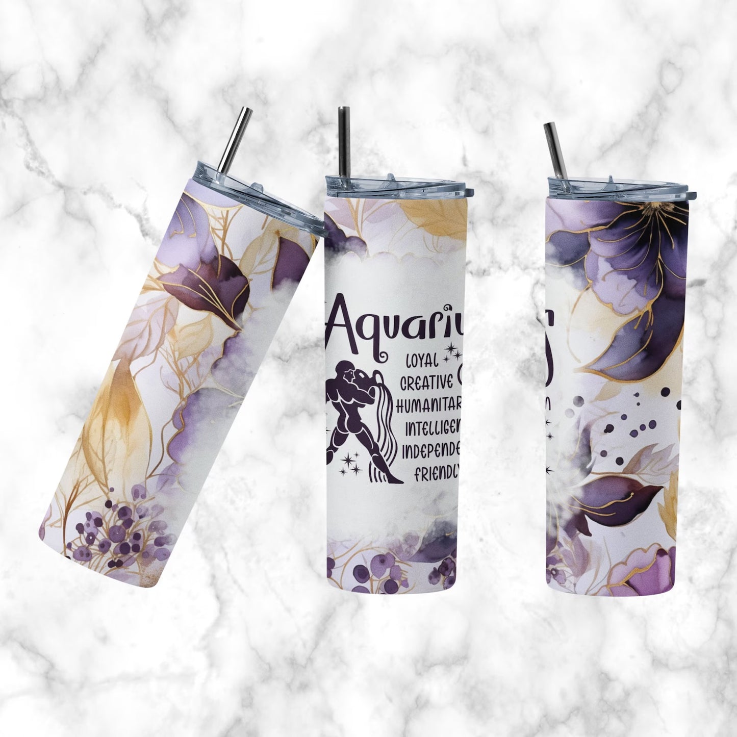 Zodiac Tumblers, Purple and Old Gold Color 20 so Stainless Steel Tumblers, Hot or Cold. Coffee, Tea or Water.