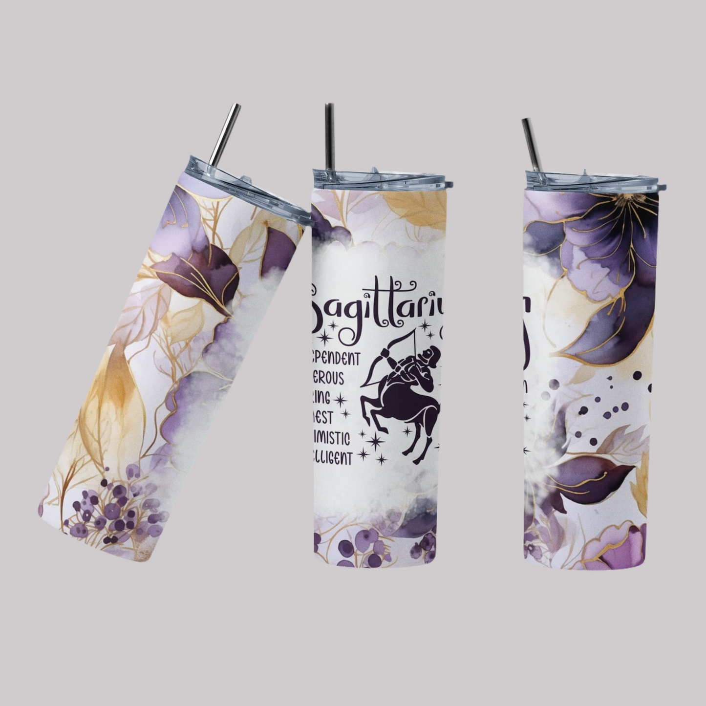 Zodiac Tumblers, Purple and Old Gold Color 20 so Stainless Steel Tumblers, Hot or Cold. Coffee, Tea or Water.