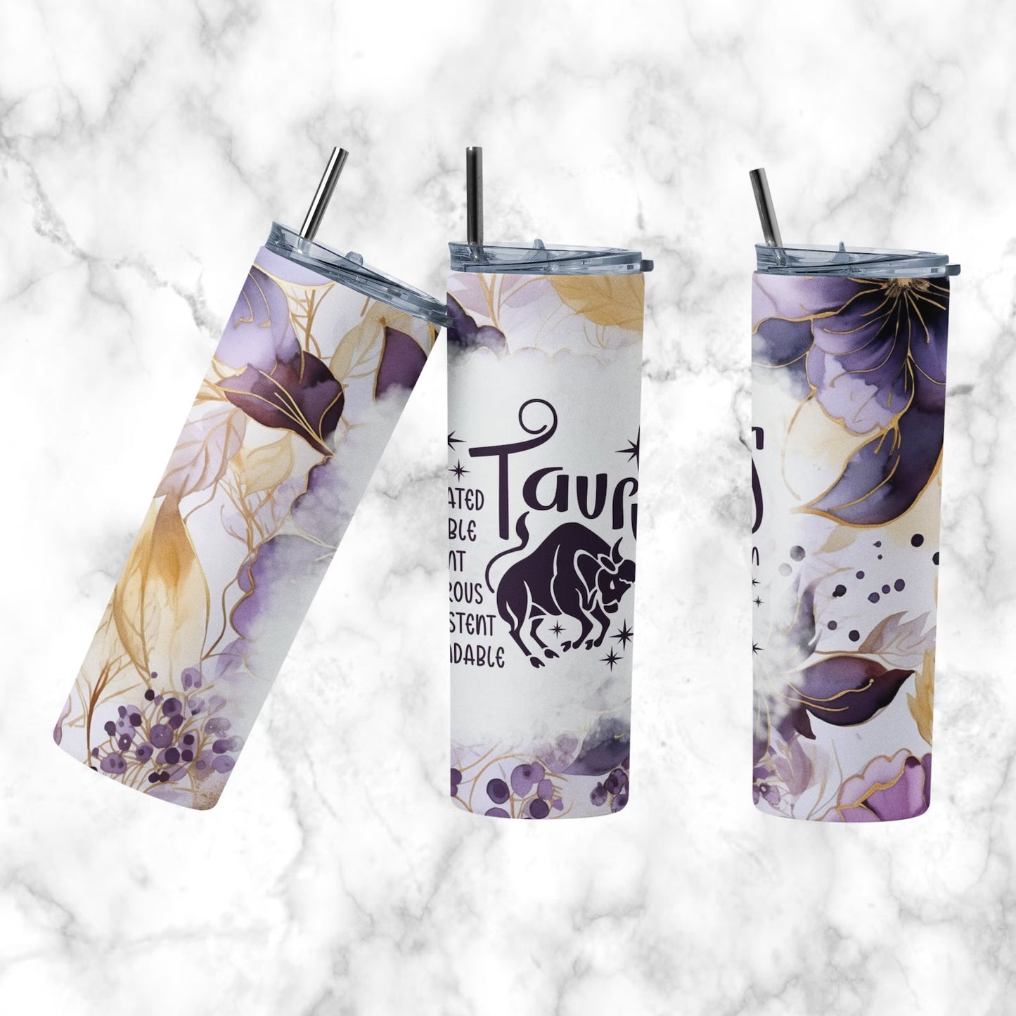 Zodiac Tumblers, Purple and Old Gold Color 20 so Stainless Steel Tumblers, Hot or Cold. Coffee, Tea or Water.