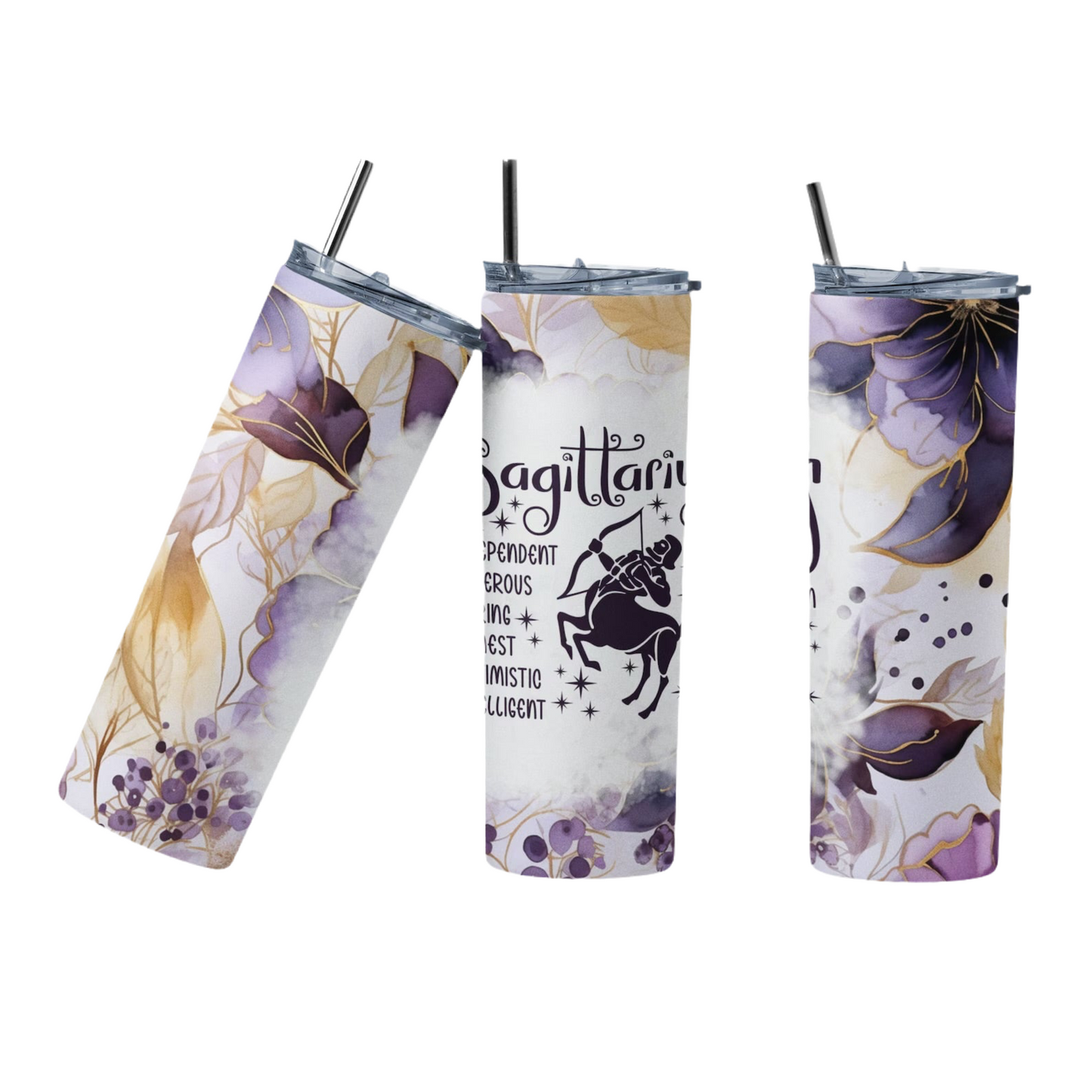 Zodiac Tumblers, Purple and Old Gold Color 20 so Stainless Steel Tumblers, Hot or Cold. Coffee, Tea or Water.