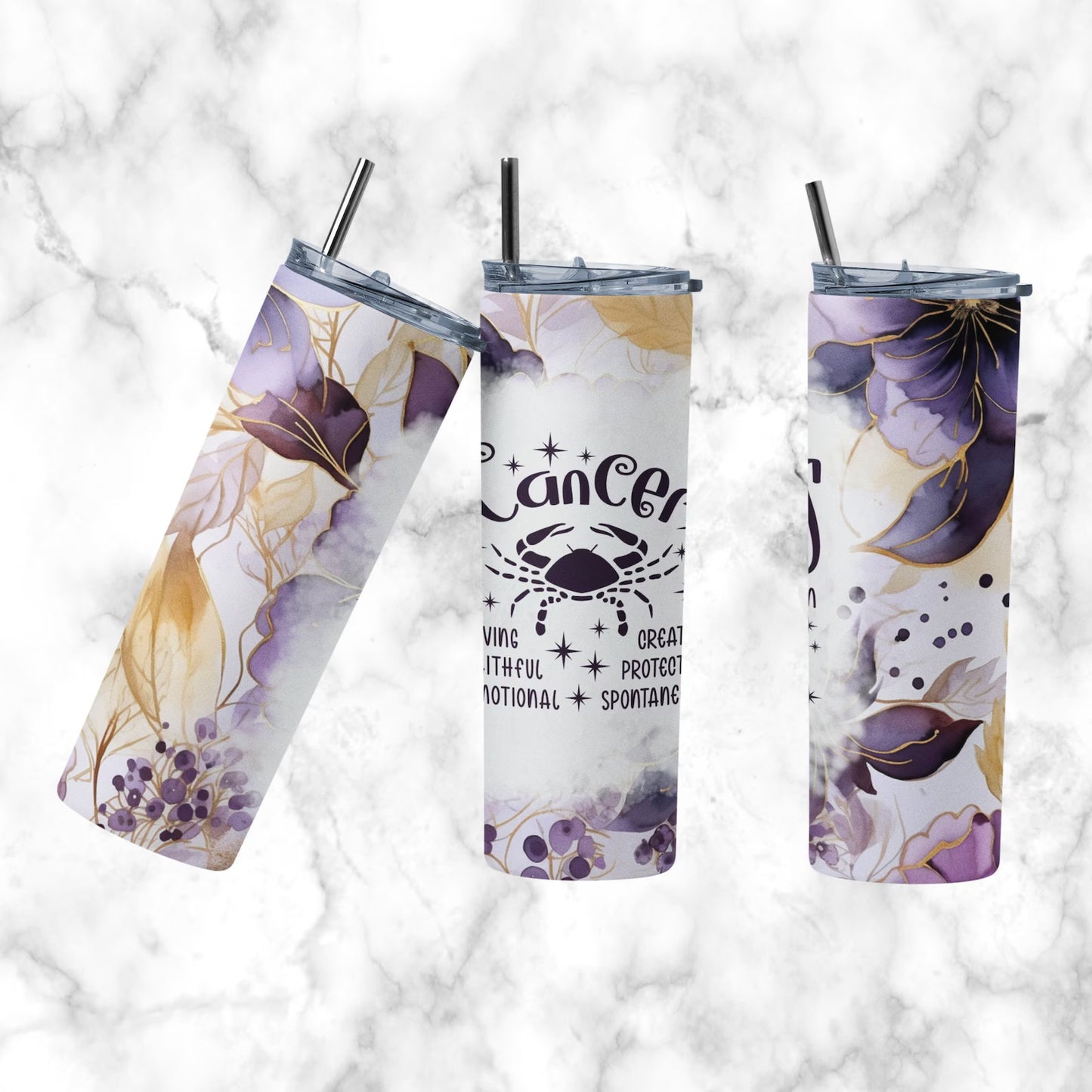 Zodiac Tumblers, Purple and Old Gold Color 20 so Stainless Steel Tumblers, Hot or Cold. Coffee, Tea or Water.