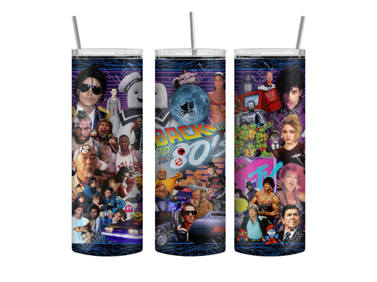 Retro Back To The 80s Pop Culture 20oz Skinny Tumbler, Hot and Cold up to 8 hours.