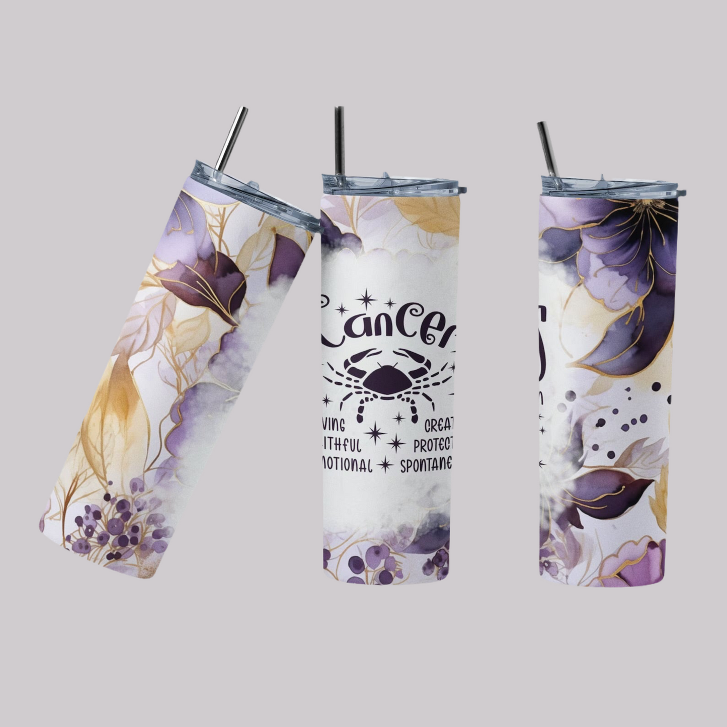 Zodiac Tumblers, Purple and Old Gold Color 20 so Stainless Steel Tumblers, Hot or Cold. Coffee, Tea or Water.